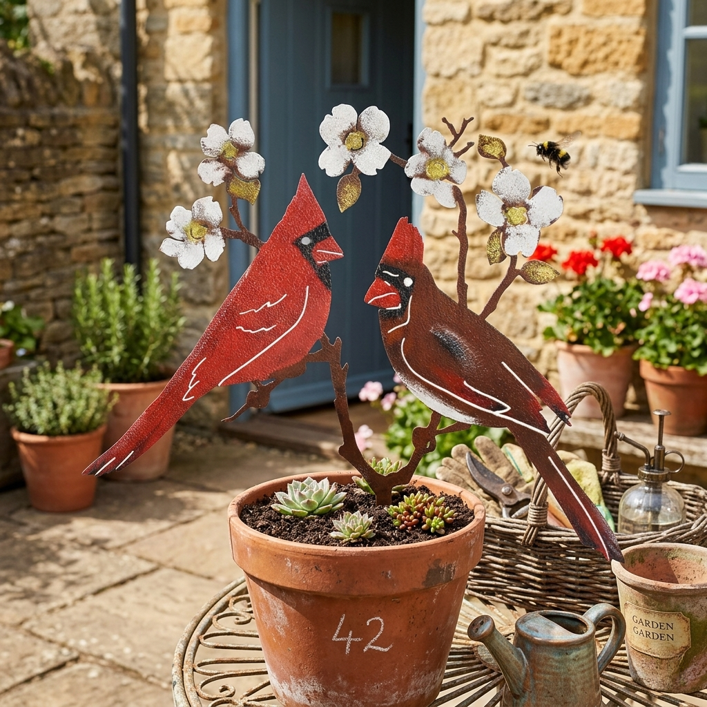 Cardinal Couple Garden Stake – Rustic Metal Bird Yard Decor