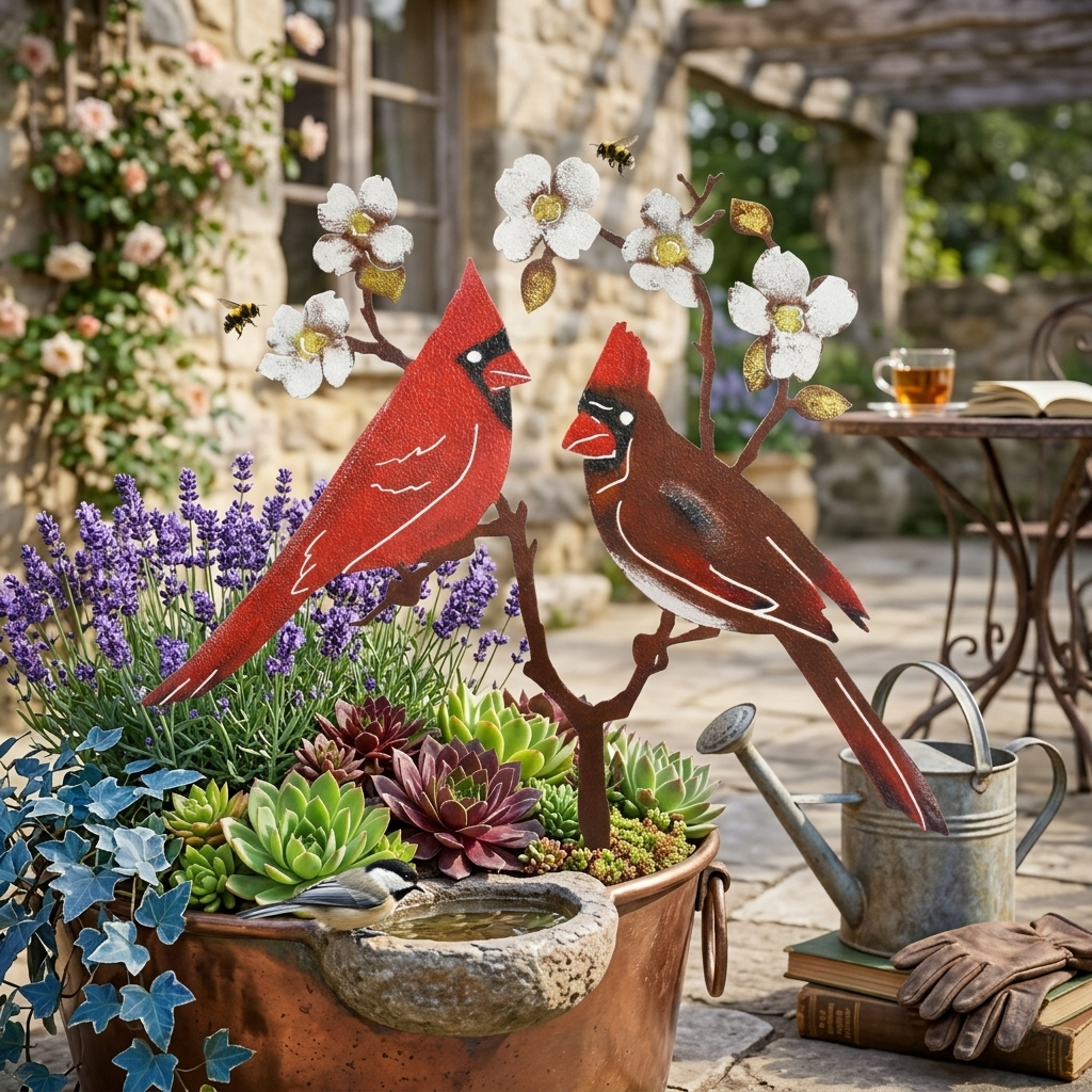 Cardinal Couple Garden Stake – Rustic Metal Bird Yard Decor