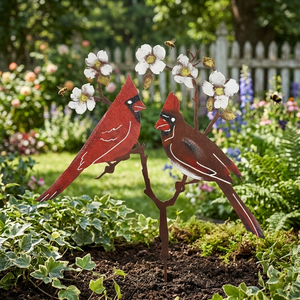 Cardinal Couple Garden Stake – Rustic Metal Bird Yard Decor