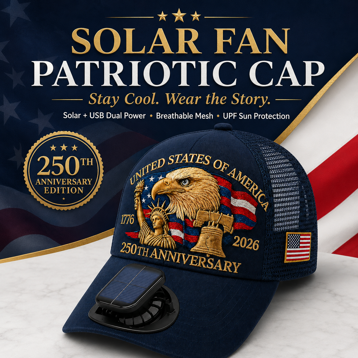 Solar Fan Patriotic Cap – 250th Anniversary Edition☀️