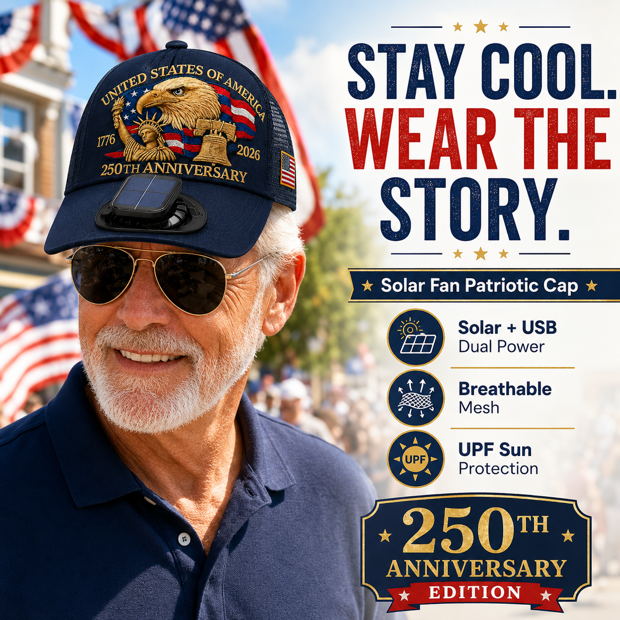 Solar Fan Patriotic Cap – 250th Anniversary Edition☀️