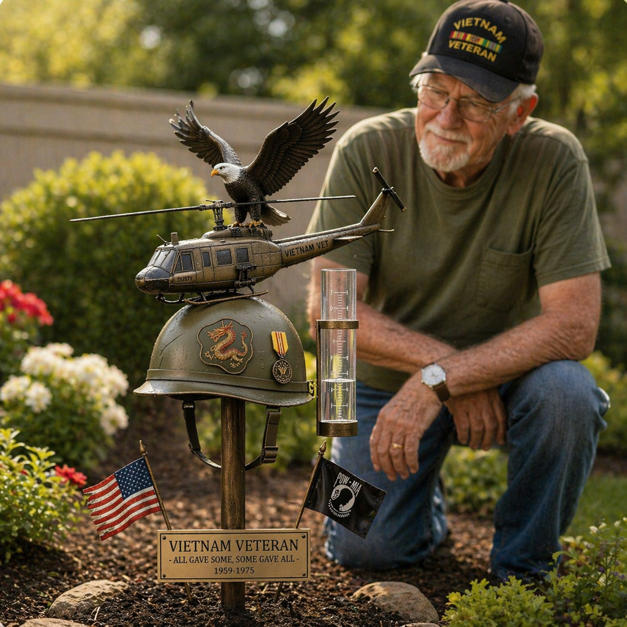 Vietnam Veteran Memorial Garden Stake with Rain Gauge 🇺🇸🦅