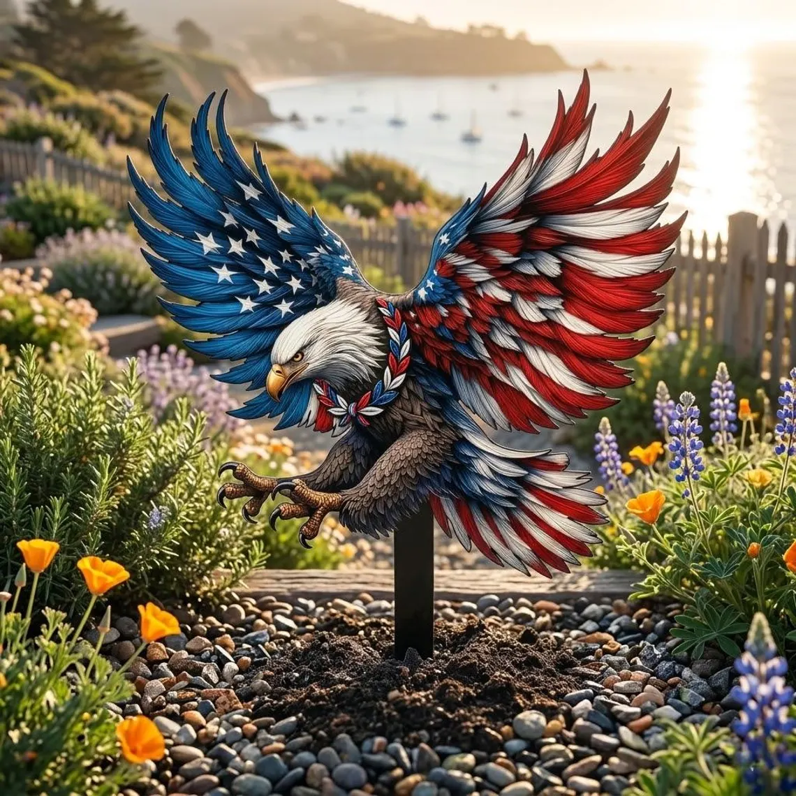 Patriotic Bald Eagle Metal Yard Stake – American Flag Garden Sculpture