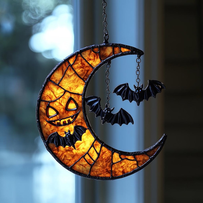 Bat Crescent Moon Faux Stained Glass Suncatcher