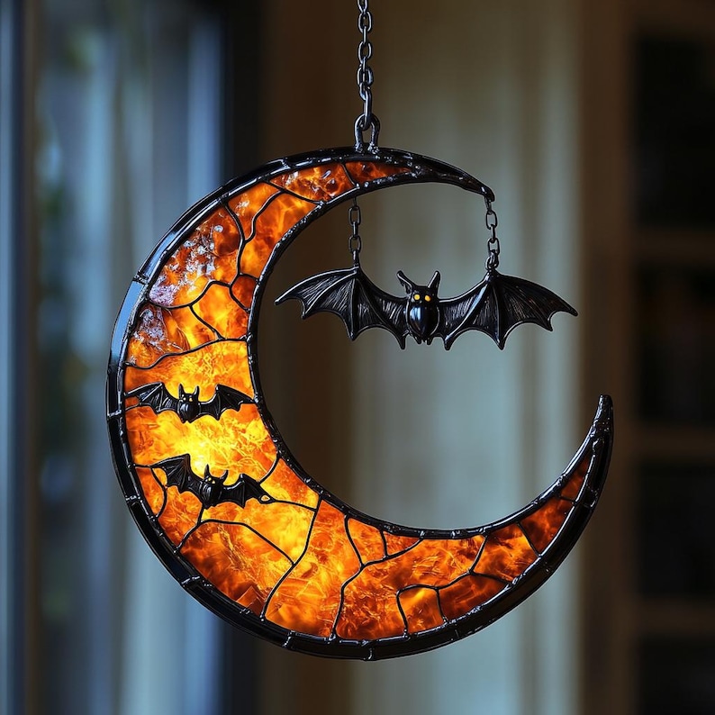 Bat Crescent Moon Faux Stained Glass Suncatcher
