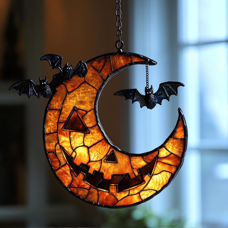 Bat Crescent Moon Faux Stained Glass Suncatcher
