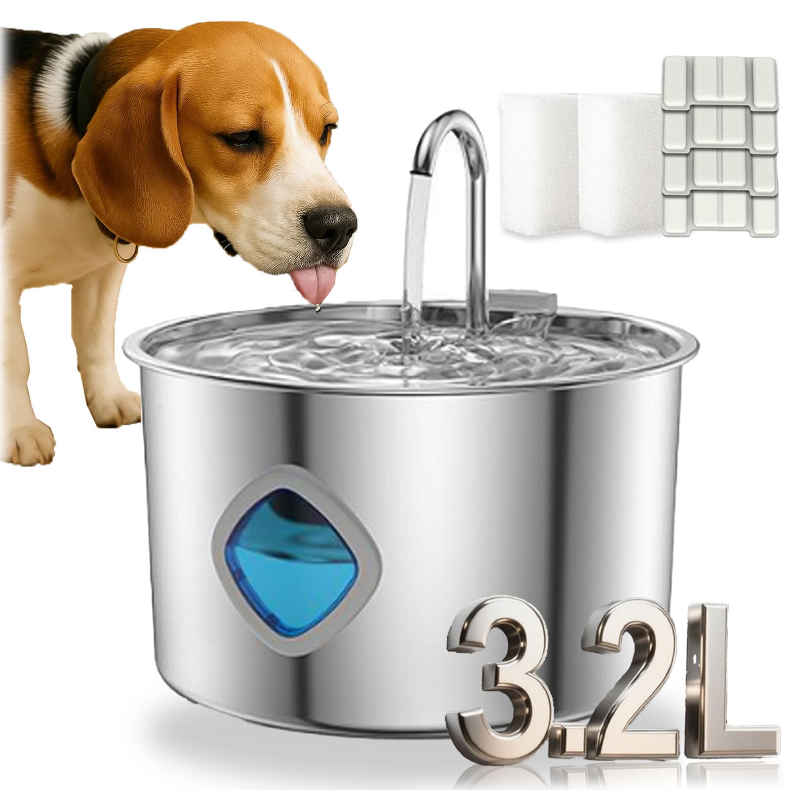 Stainless Steel Water Fountain for Cats & Dogs with Visual Water Level