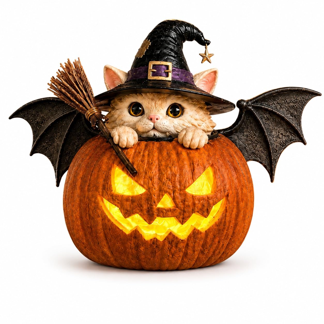 Cute Spooky Lighted Witch Cat Pumpkin Decor