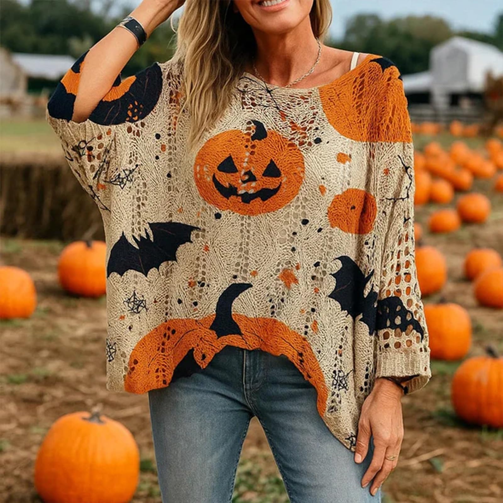 🎃Women's Halloween Pumpkin Print Long Sleeve Knit Top
