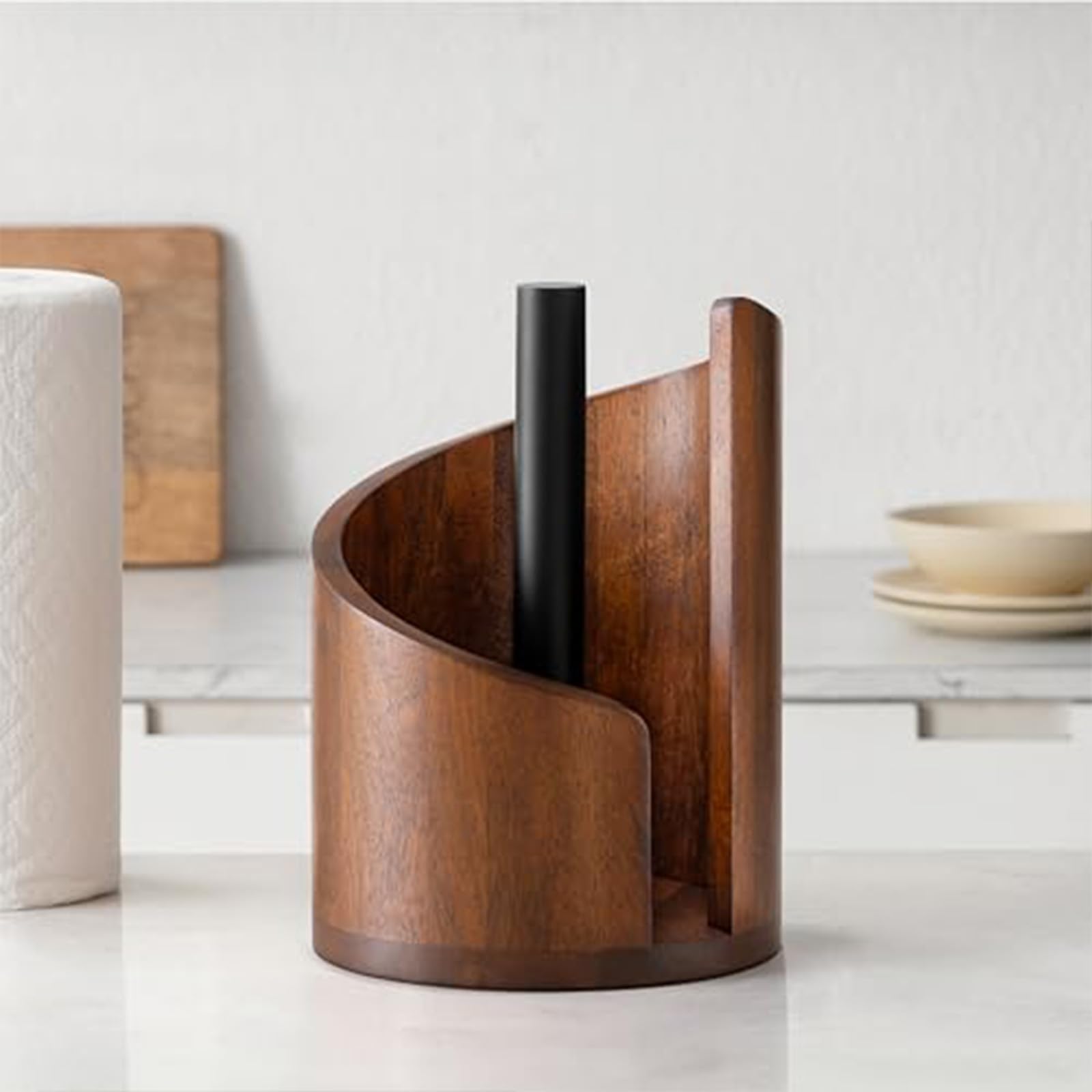 Mountain Paper Towel Holder Countertop with Mango Wood Round Base and Iron Holder
