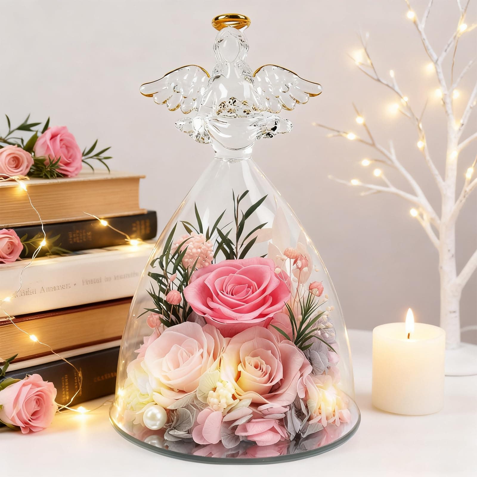 Preserved Rose Angel Gift with LED Lights