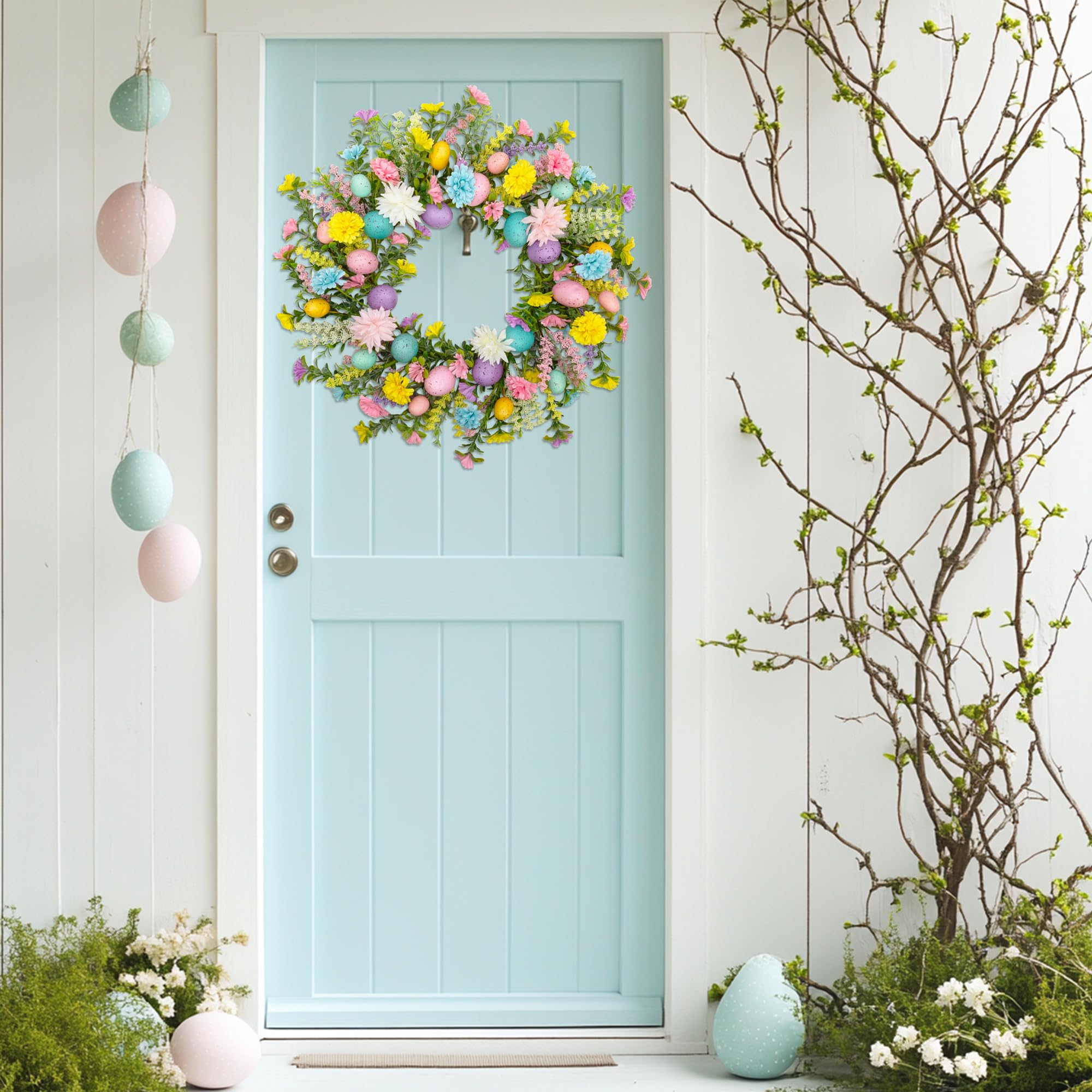 Easter Door Wreath Spring Wreath with Pastel Eggs and Mixed Twigs