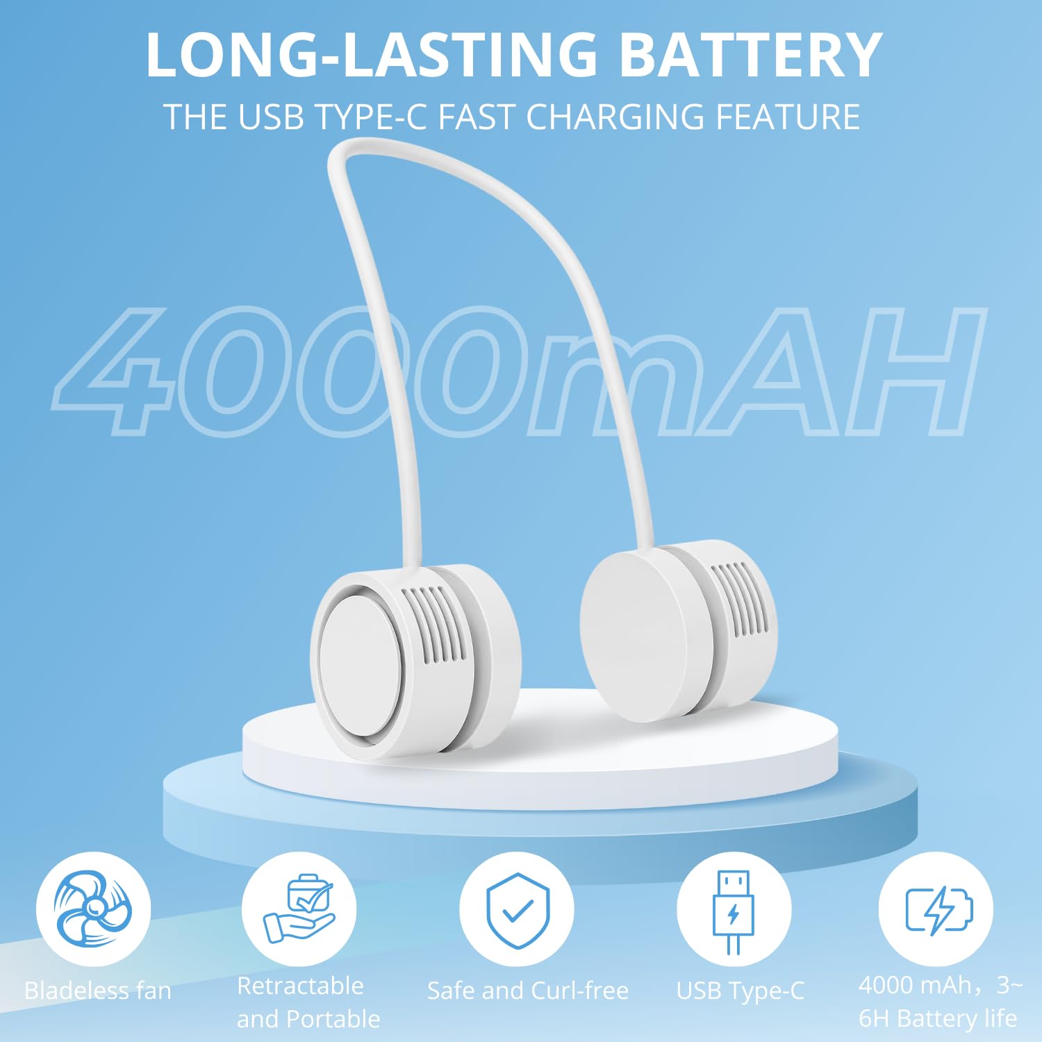 Portable Bladeless Neck Fans, 4000mAh Foldable Rechargeable Bladeless Fan