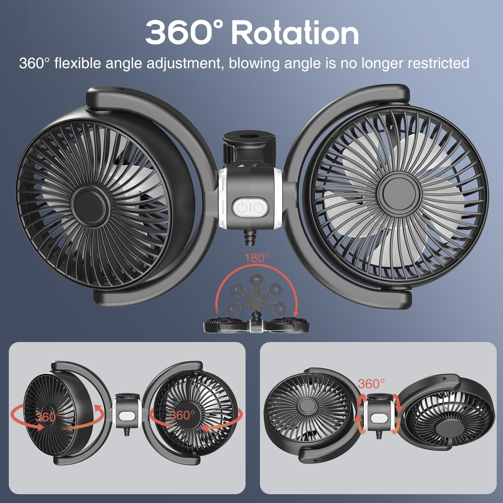 Controlled 360° Dual Head USB Car Fan for Backseat