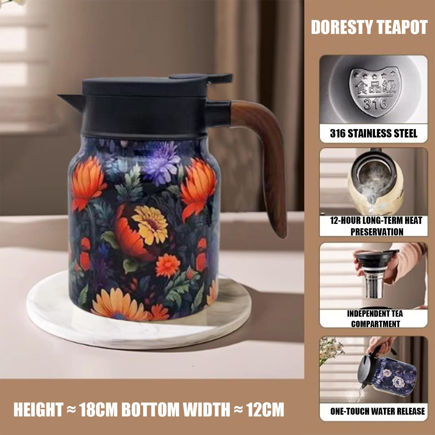 28 Oz Vintage Floral Pattern Tea Thermos – Built-In Infuser