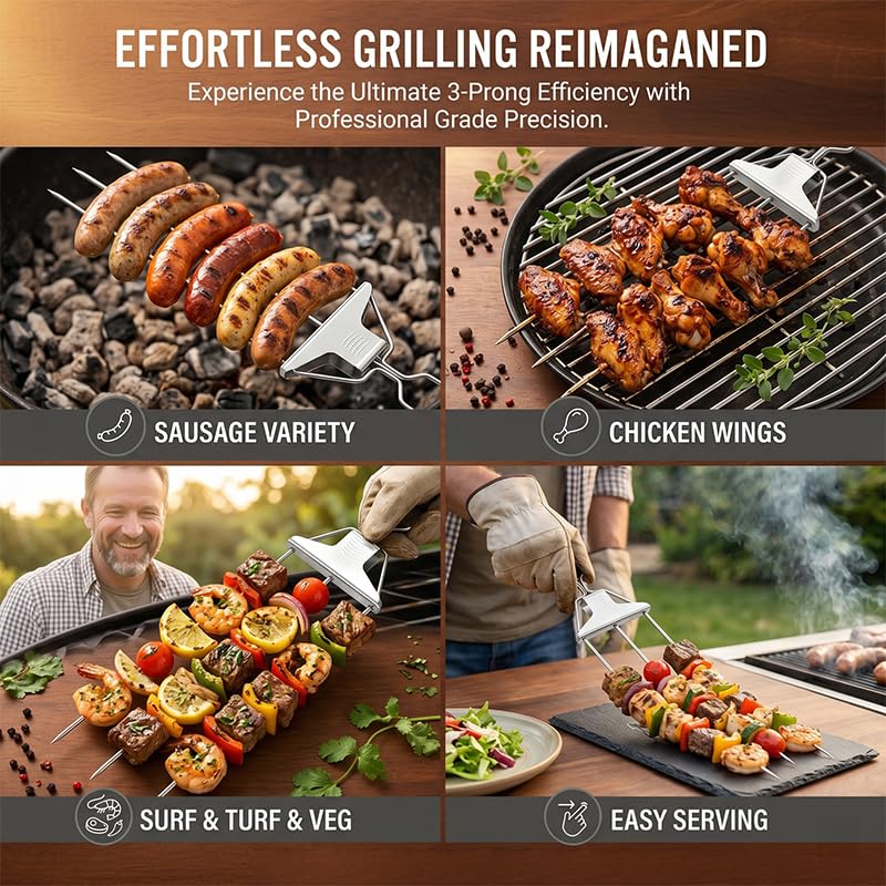 3‑Prong Stainless Steel Skewers for Grilling