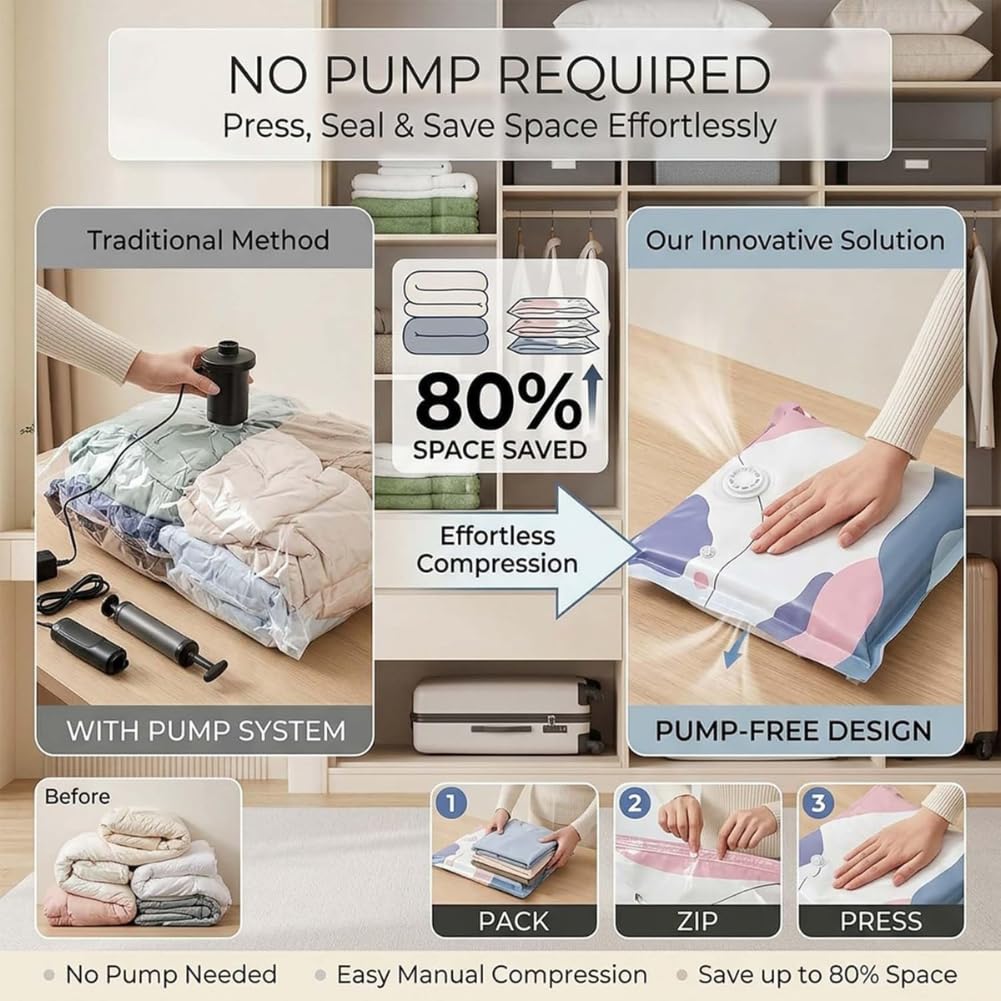 💨No‑pump Vacuum Storage Bags