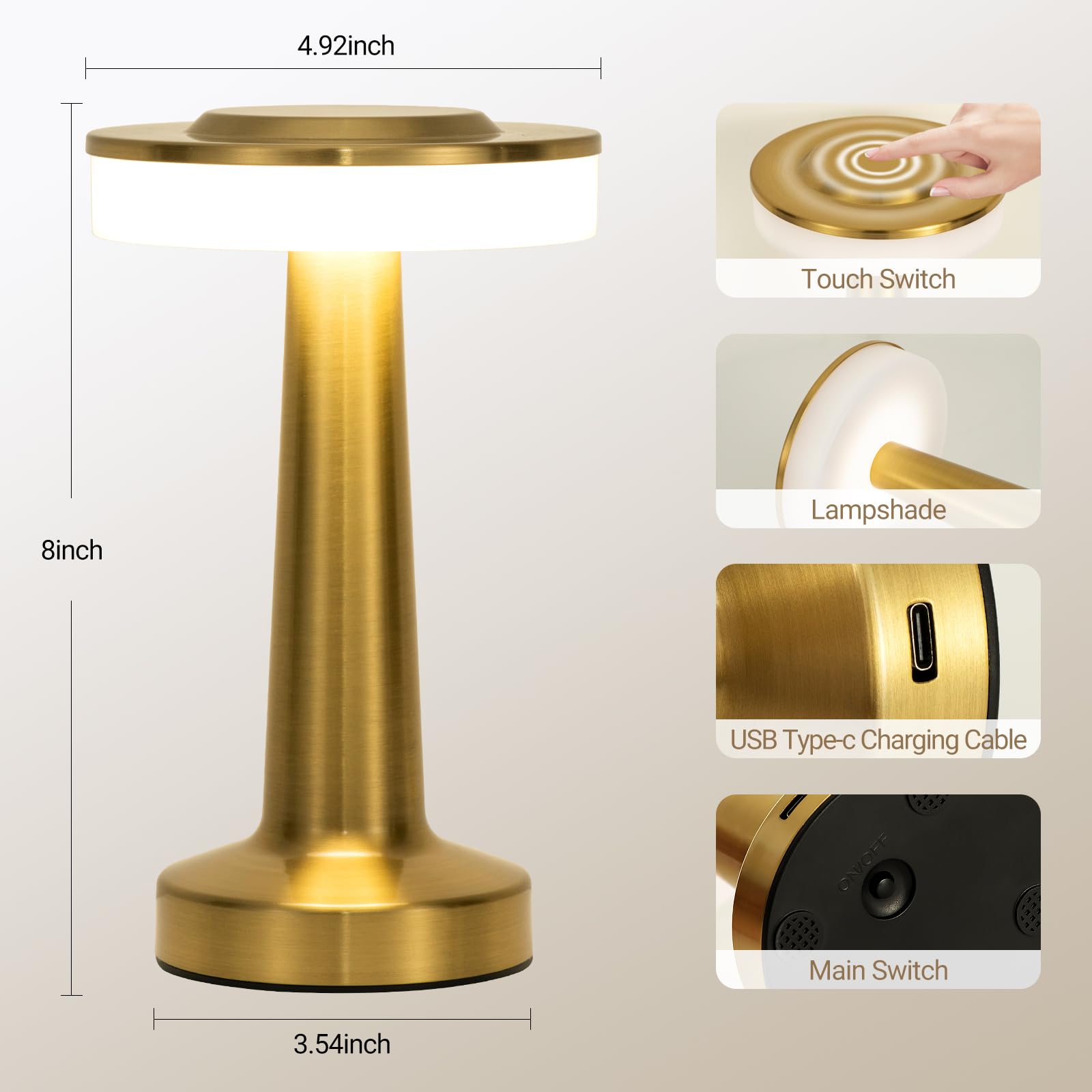 Gold Cordless Table Lamp with Touch Sensor