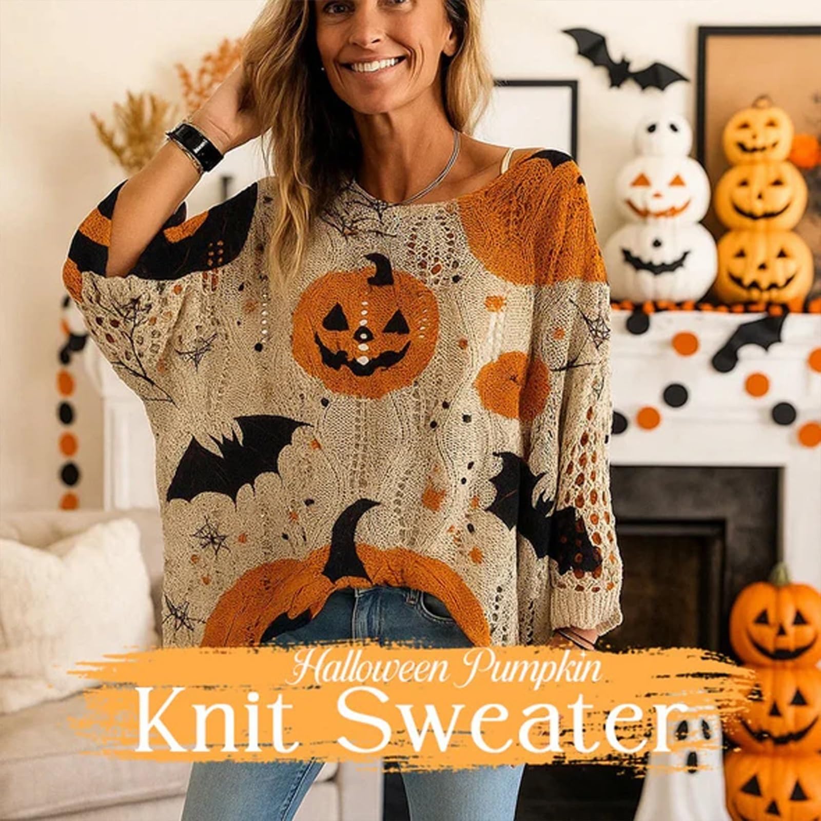 🎃Women's Halloween Pumpkin Print Long Sleeve Knit Top