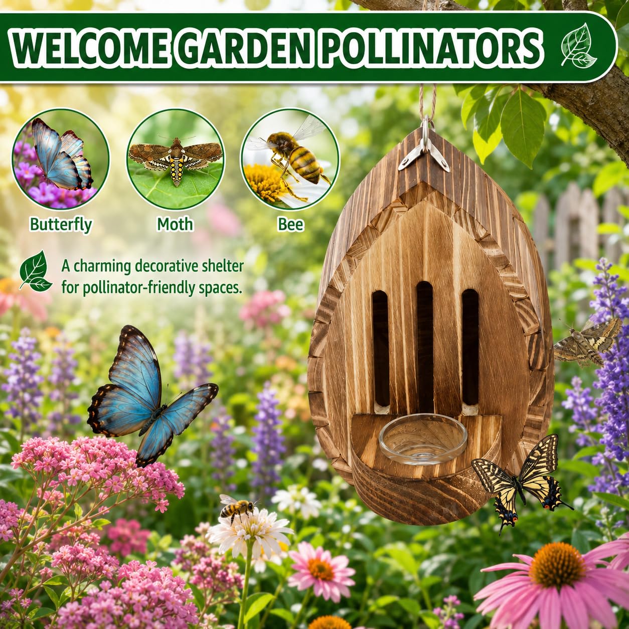 🦋Teardrop Shaped Wooden Butterfly House for Outdoor Garden