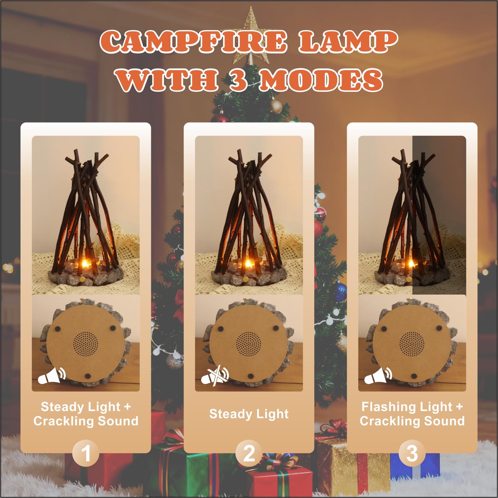 🔥 Mini Campfire Night Light – Real Wood & Stone LED Lamp with Crackling Fire Sounds