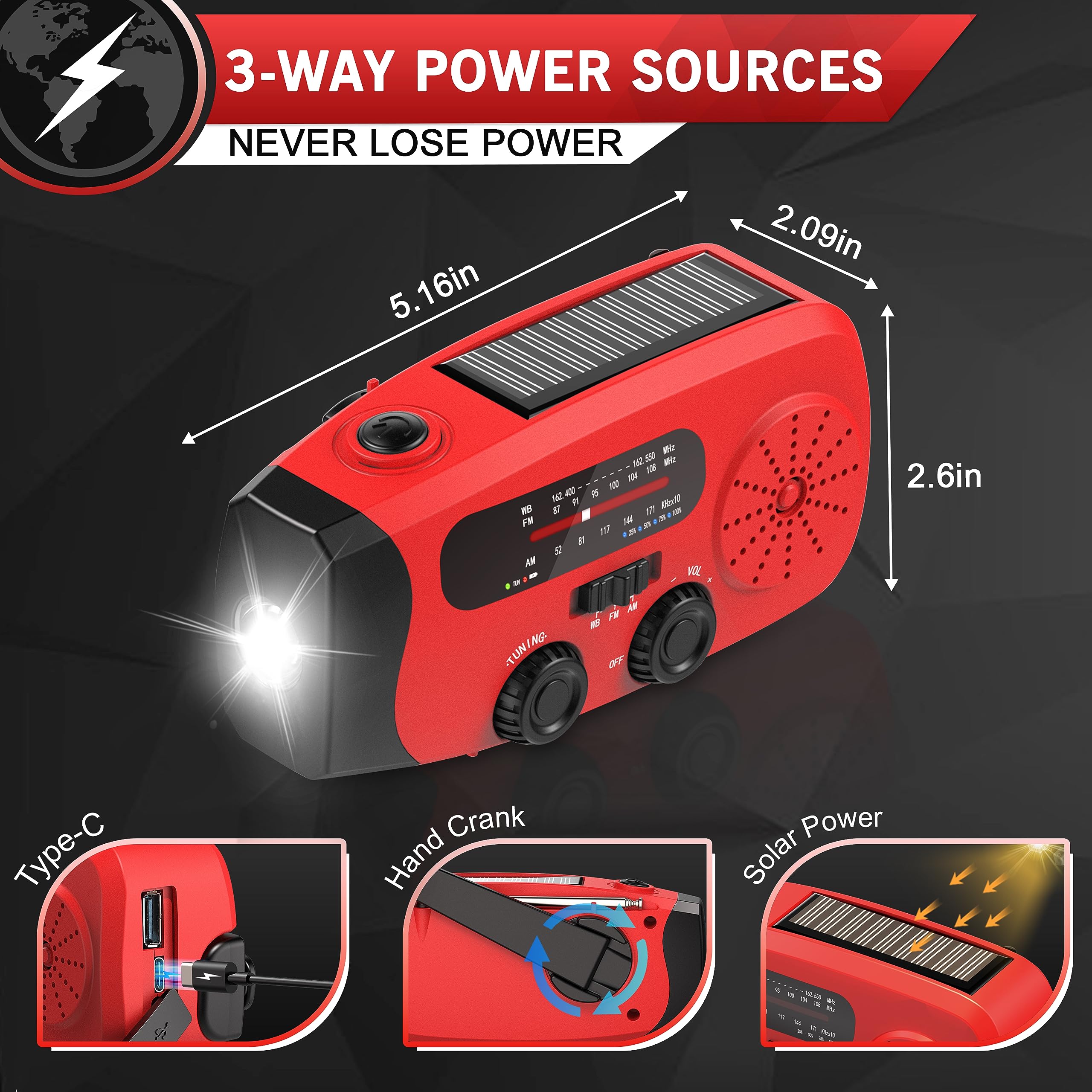 High Brightness Portable Hand Crank Solar Powered Flashlights