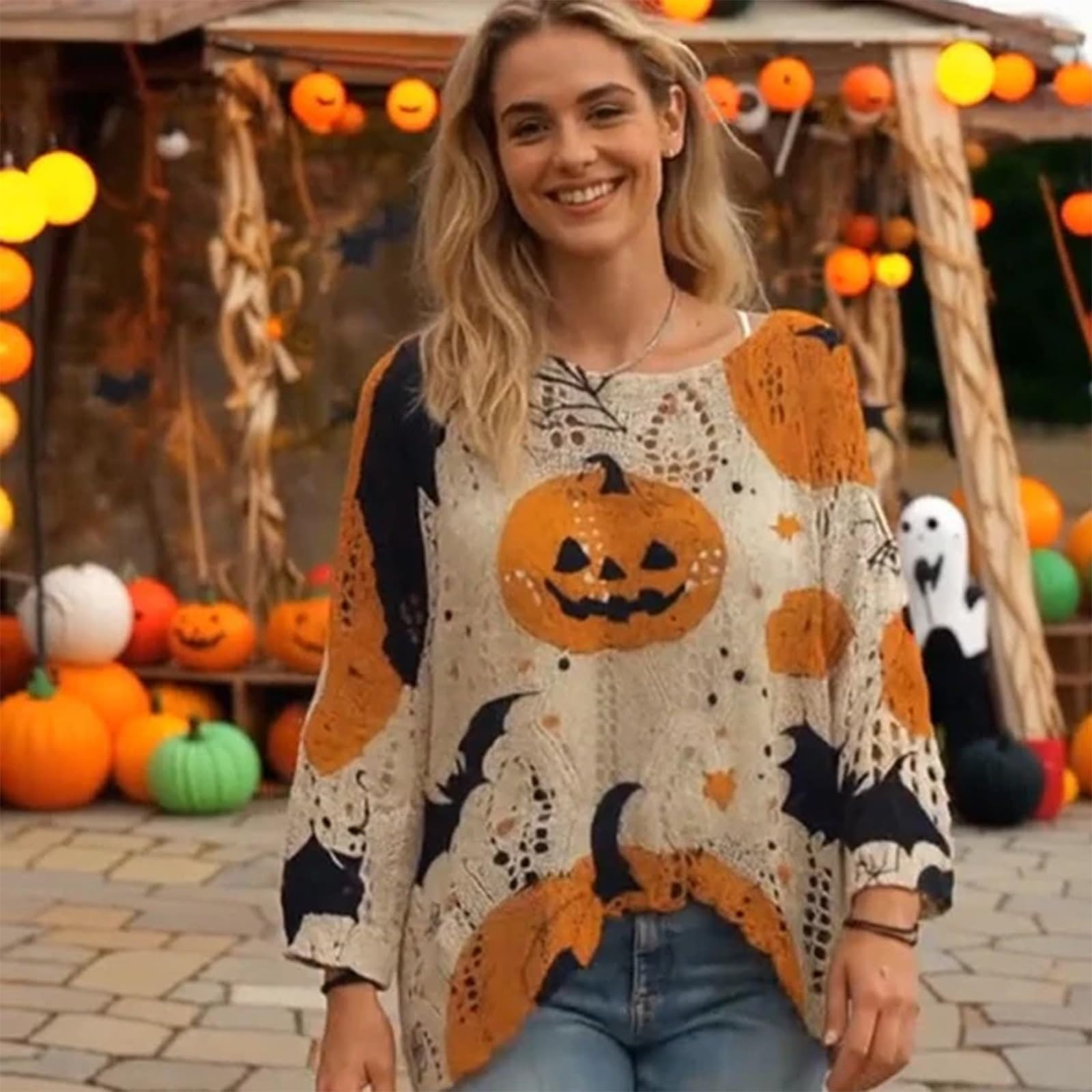 🎃Women's Halloween Pumpkin Print Long Sleeve Knit Top