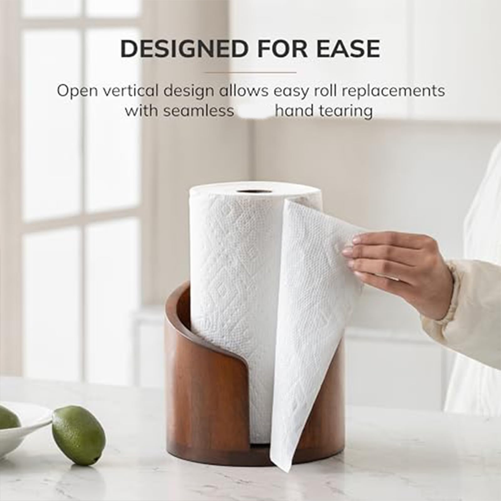 Mountain Paper Towel Holder Countertop with Mango Wood Round Base and Iron Holder