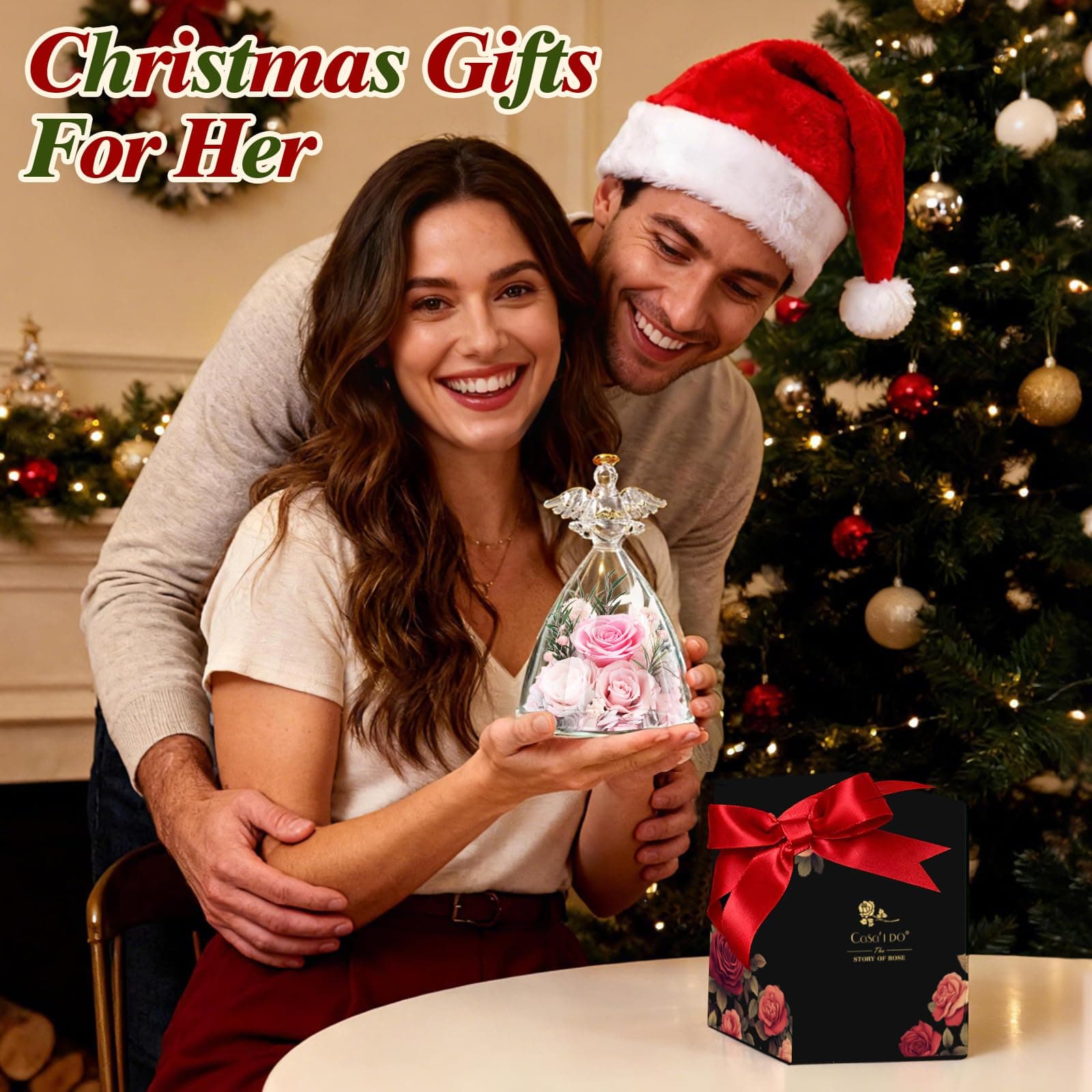 Preserved Rose Angel Gift with LED Lights