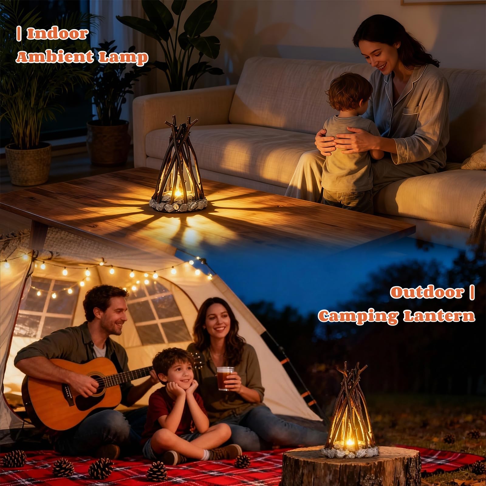 🔥 Mini Campfire Night Light – Real Wood & Stone LED Lamp with Crackling Fire Sounds