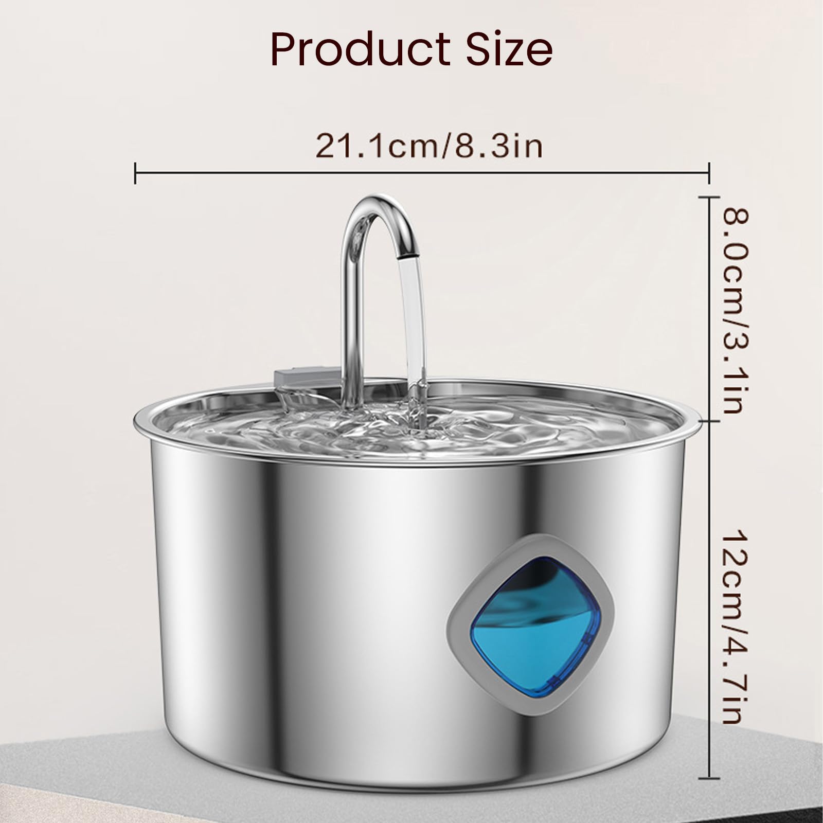 Stainless Steel Water Fountain for Cats & Dogs with Visual Water Level