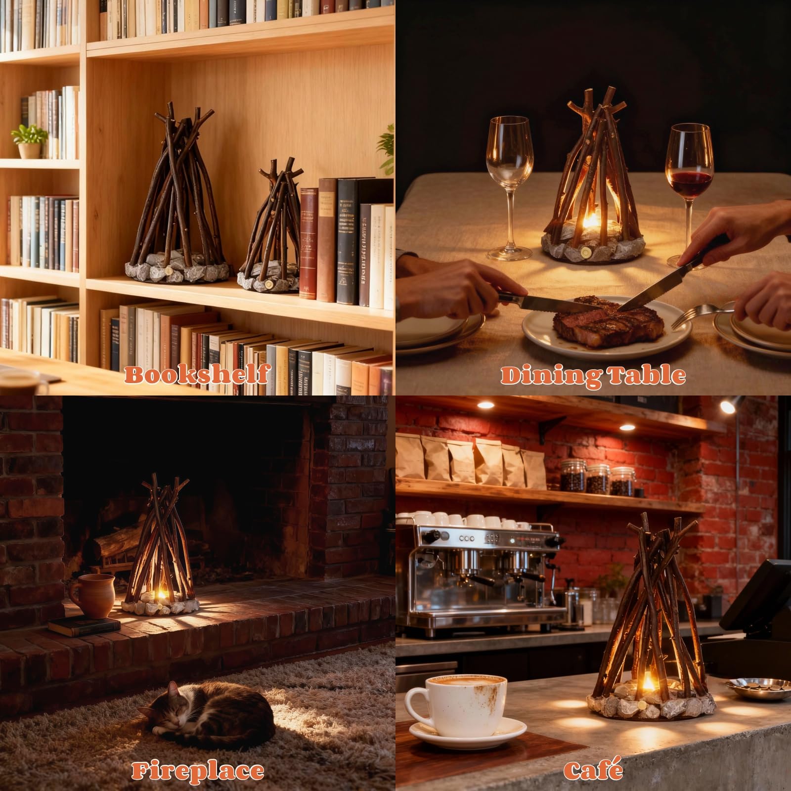 🔥 Mini Campfire Night Light – Real Wood & Stone LED Lamp with Crackling Fire Sounds