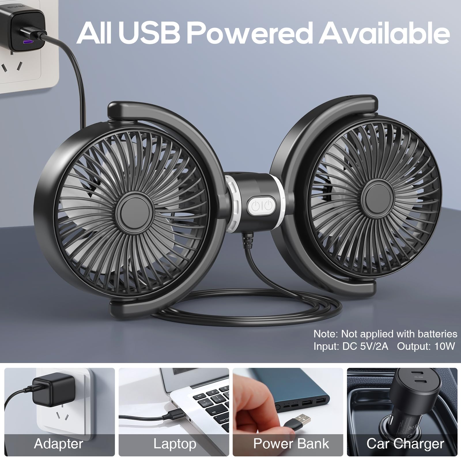 Controlled 360° Dual Head USB Car Fan for Backseat