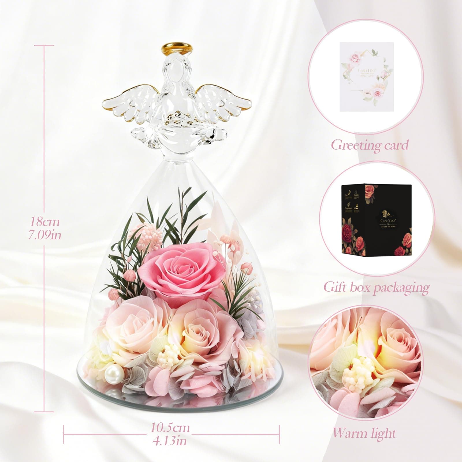Preserved Rose Angel Gift with LED Lights