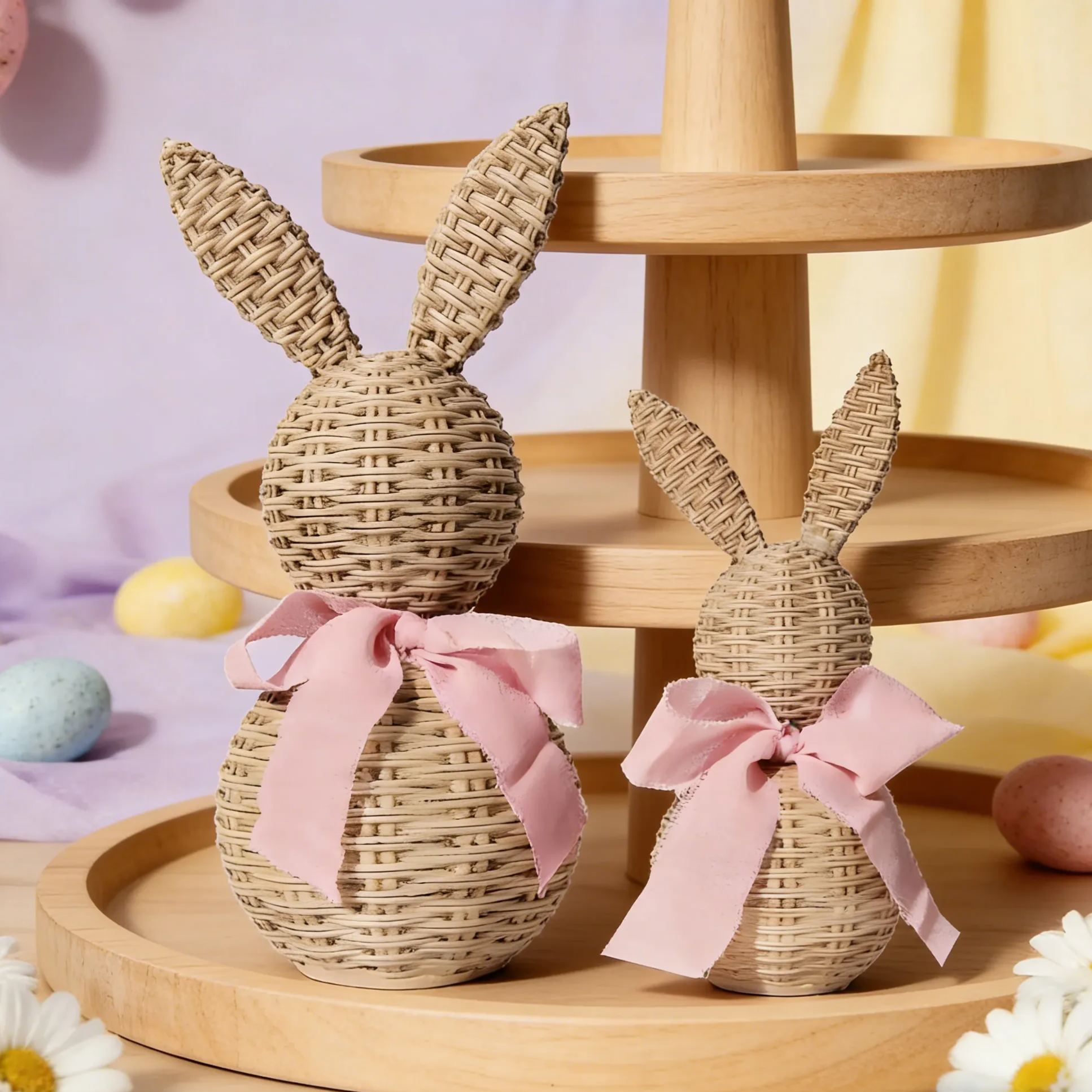 2Pcs Faux Wicker Easter Bunny Figurines