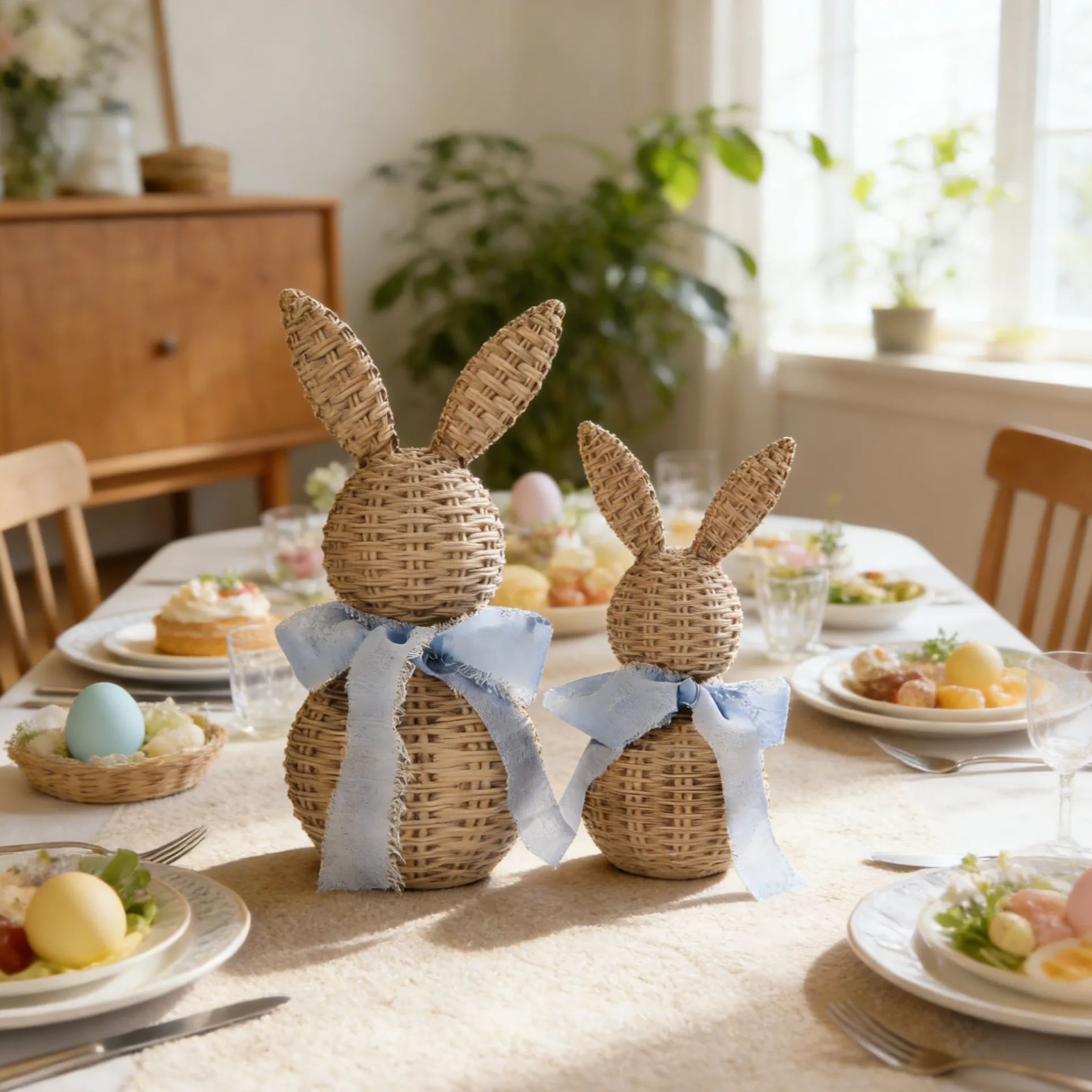 2Pcs Faux Wicker Easter Bunny Figurines