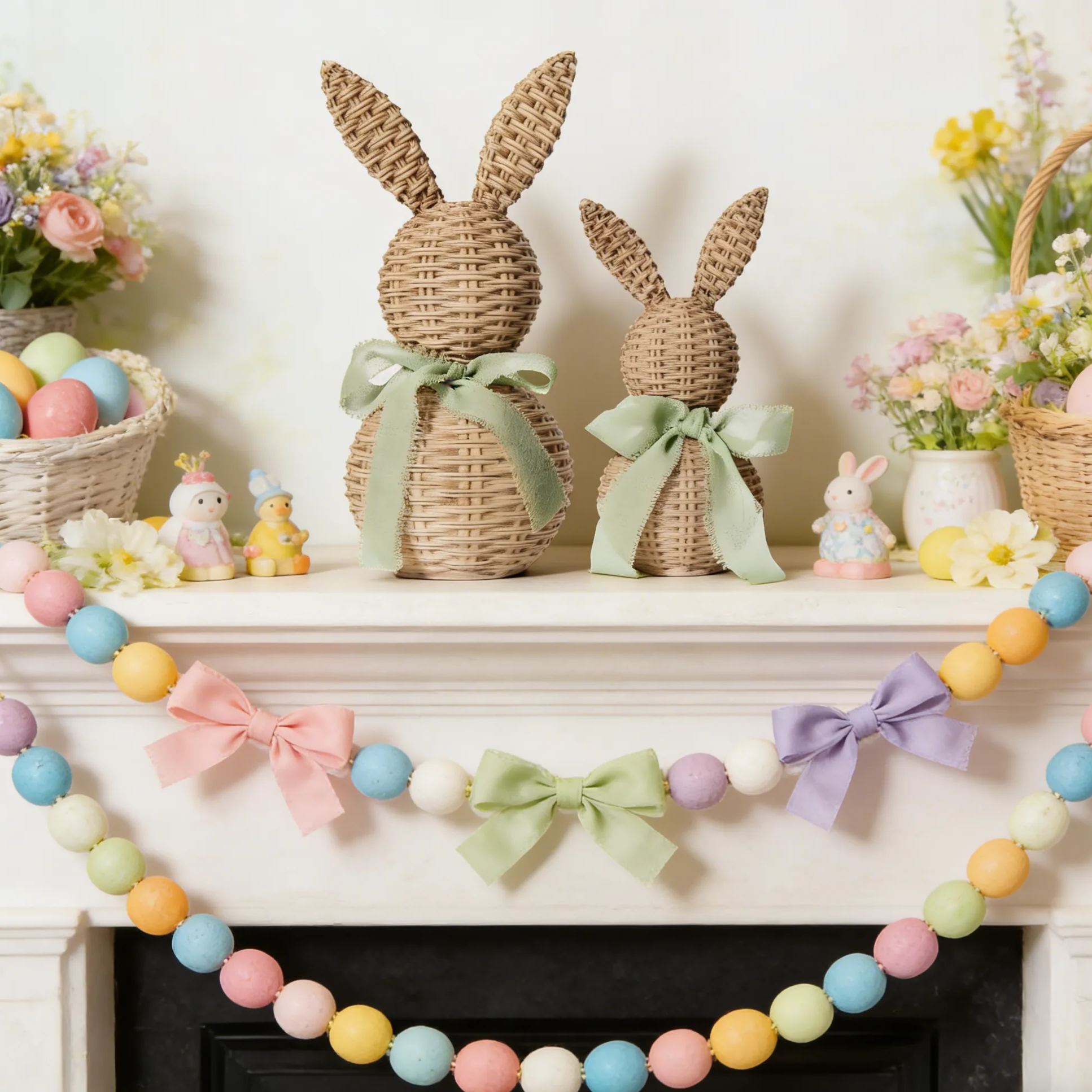 2Pcs Faux Wicker Easter Bunny Figurines
