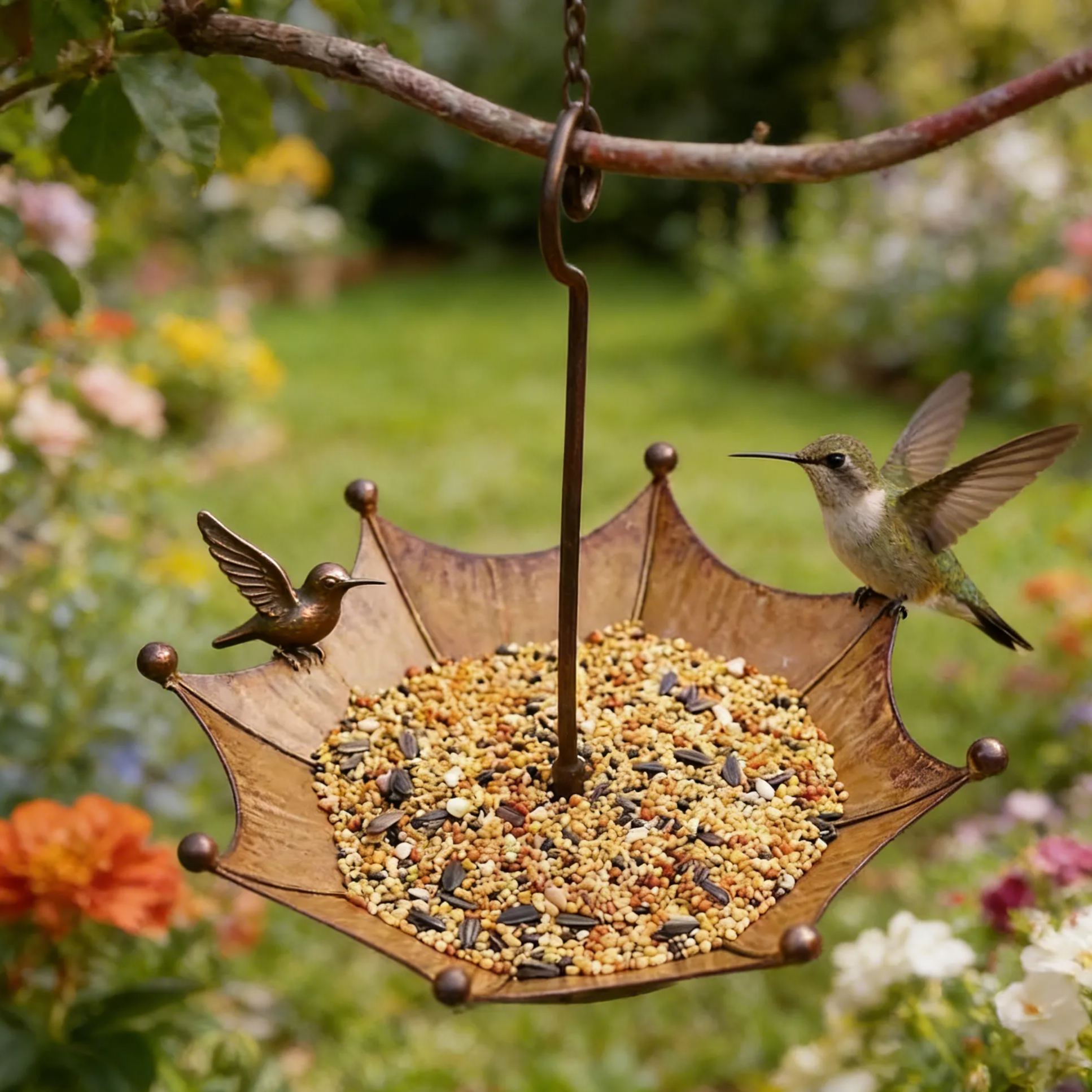 Hanging Umbrella Bird Bath, Bronze Metal Garden Decor