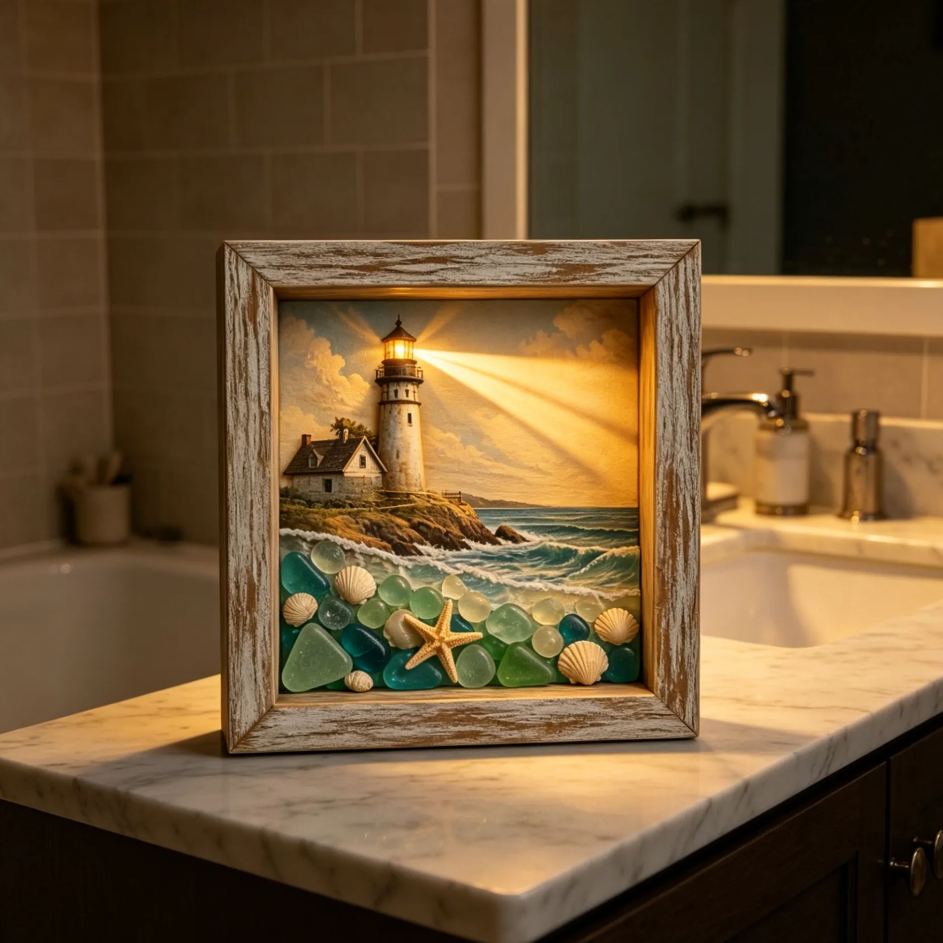 Coastal Lighthouse LED Shadow Box Lamp – Sea Glass Style Framed Night Light Décor