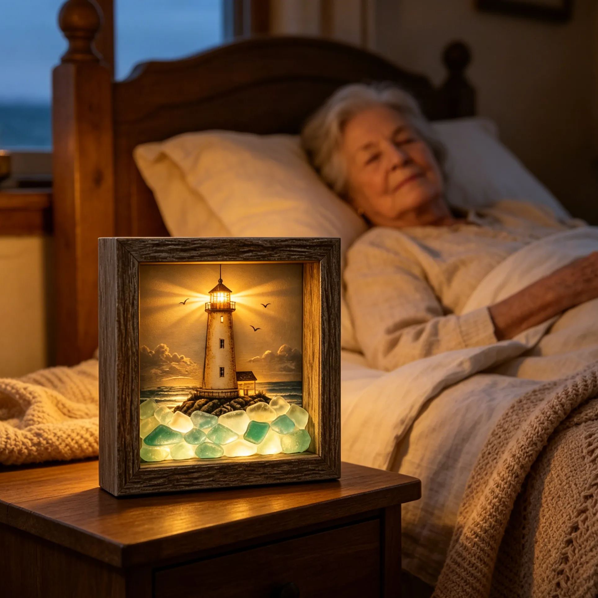 Coastal Lighthouse LED Shadow Box Lamp – Sea Glass Style Framed Night Light Décor