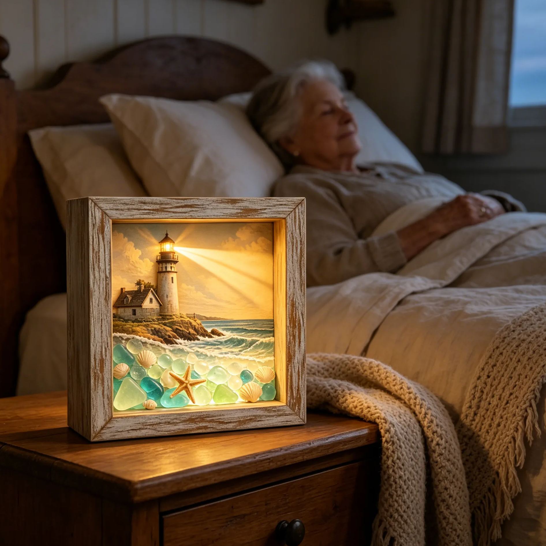 Coastal Lighthouse LED Shadow Box Lamp – Sea Glass Style Framed Night Light Décor