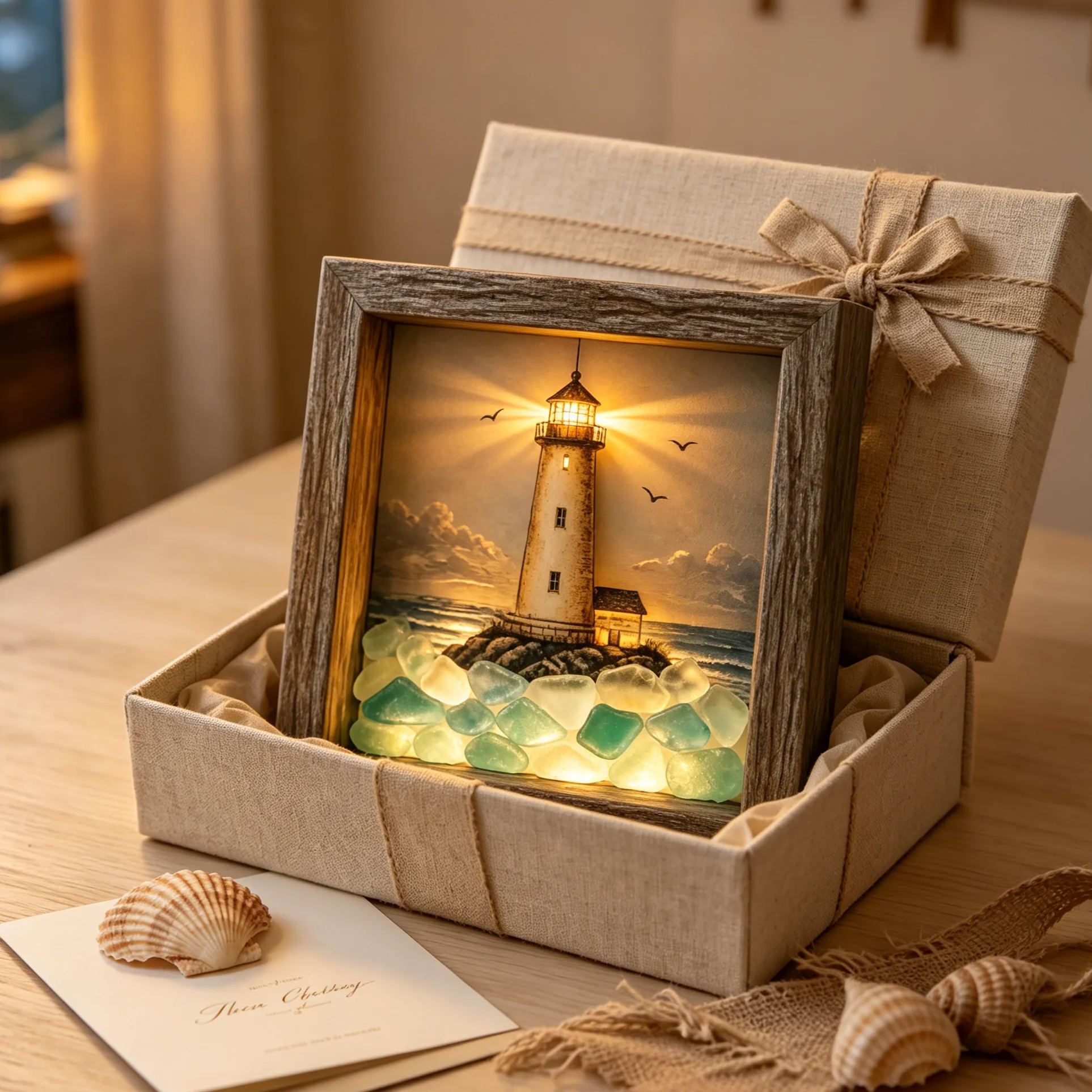 Coastal Lighthouse LED Shadow Box Lamp – Sea Glass Style Framed Night Light Décor