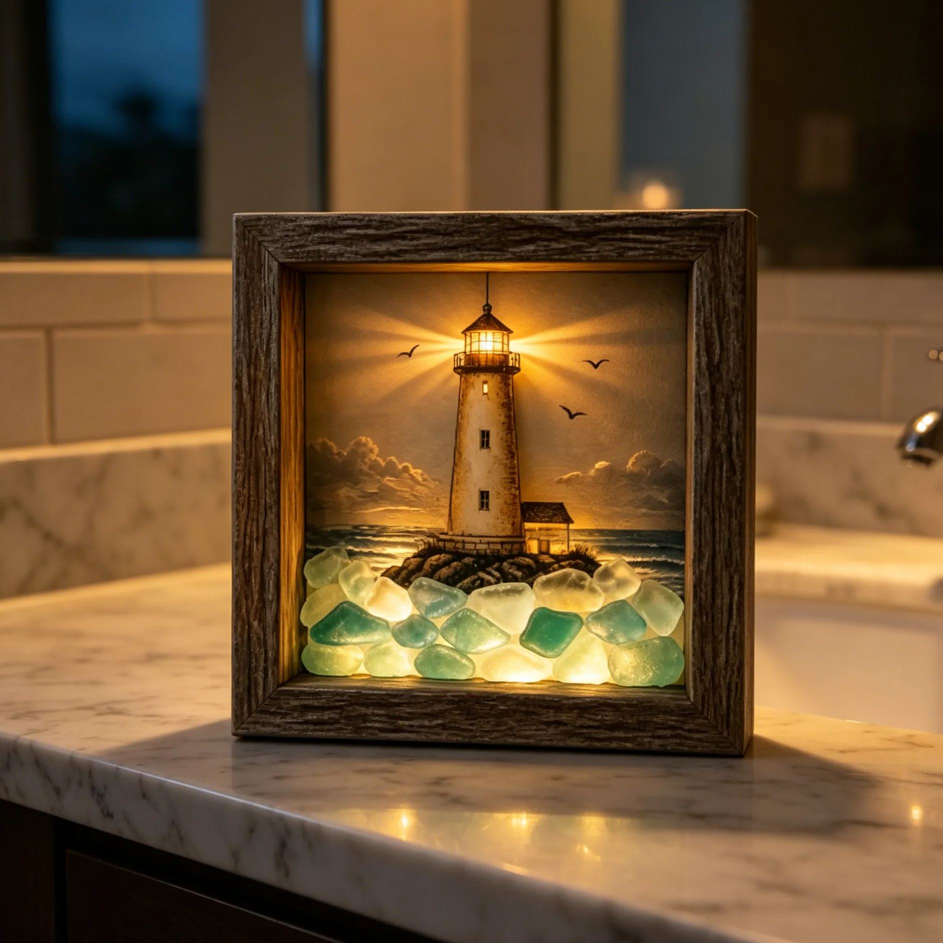 Coastal Lighthouse LED Shadow Box Lamp – Sea Glass Style Framed Night Light Décor