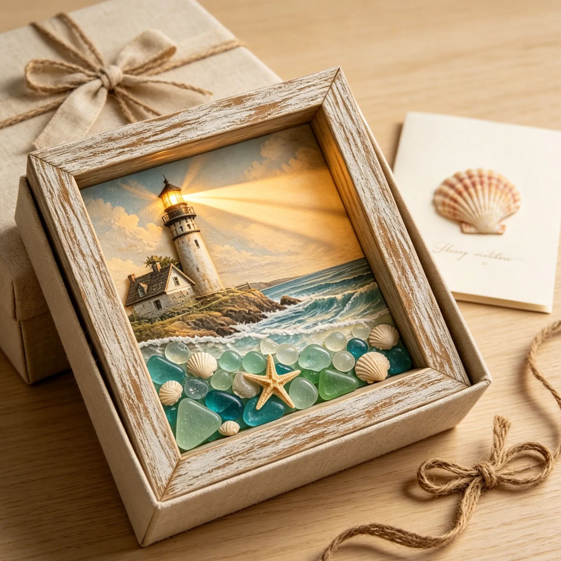 Coastal Lighthouse LED Shadow Box Lamp – Sea Glass Style Framed Night Light Décor