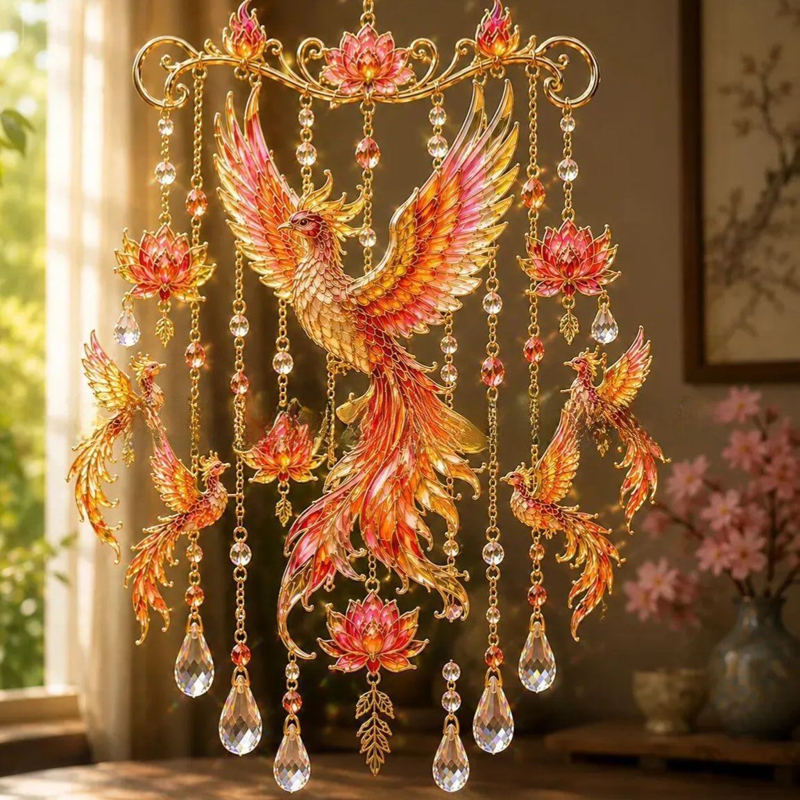 Phoenix Flame Suncatcher Hanging Ornament – Handcrafted Firebird Window Decor with Crystal Charms