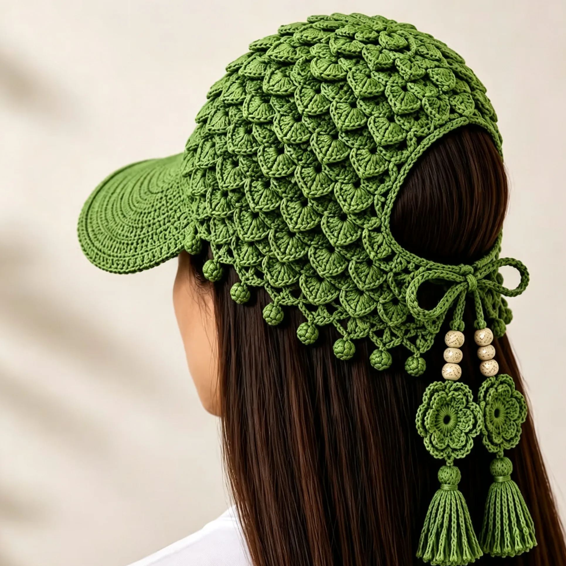 🌻Women’s Handmade Crochet Sunflower Baseball Cap – Hollow-Out Boho Summer Sun Hat with Decorative Tassels