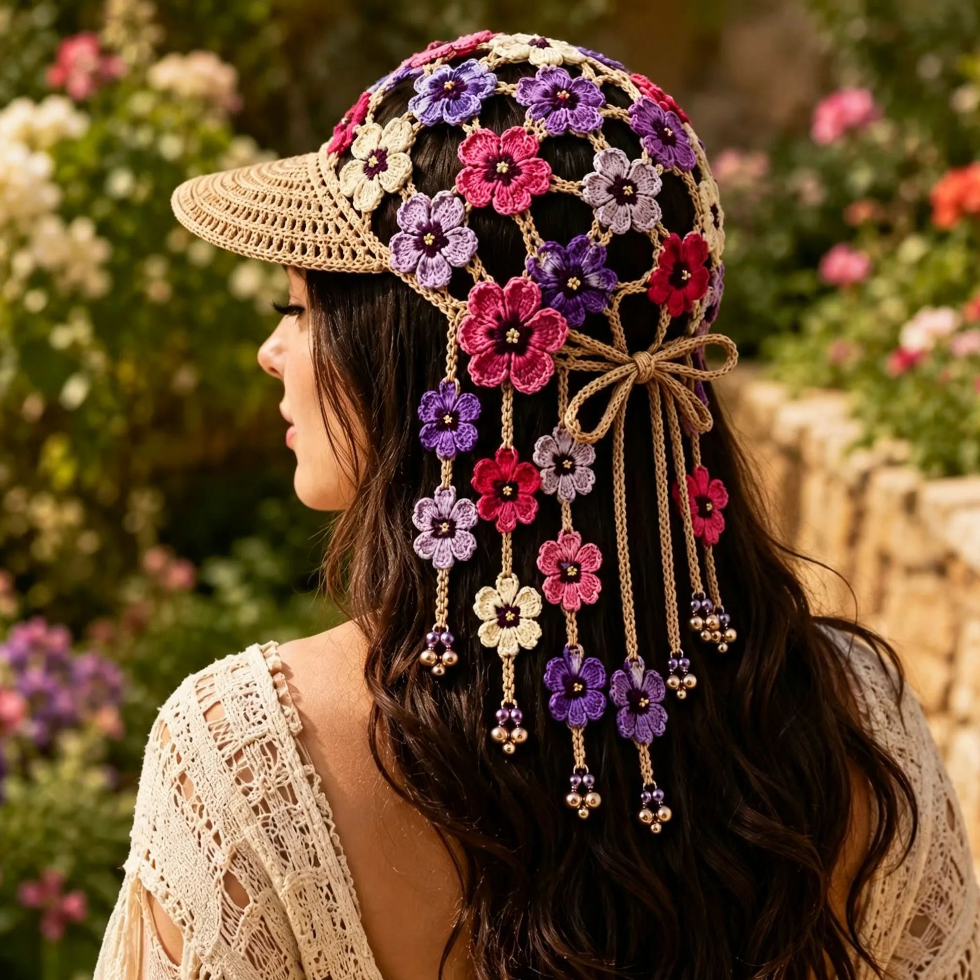 🌻Women’s Handmade Crochet Sunflower Baseball Cap – Hollow-Out Boho Summer Sun Hat with Decorative Tassels