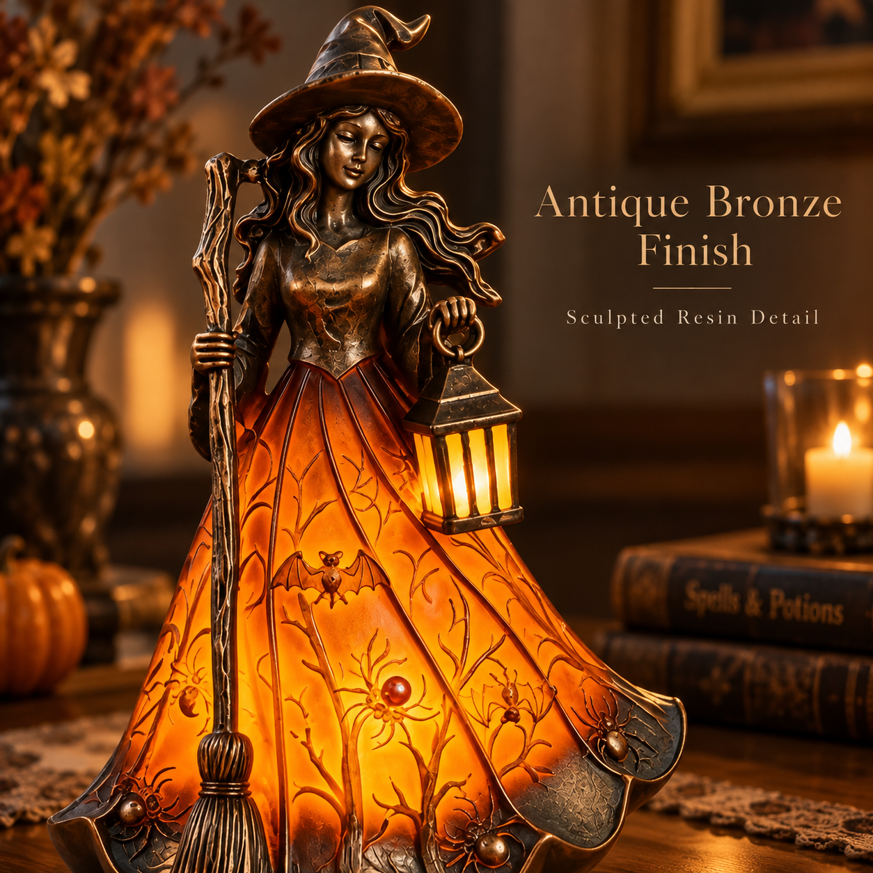 🧙 Antique Bronze Witch Lantern Accent Lamp