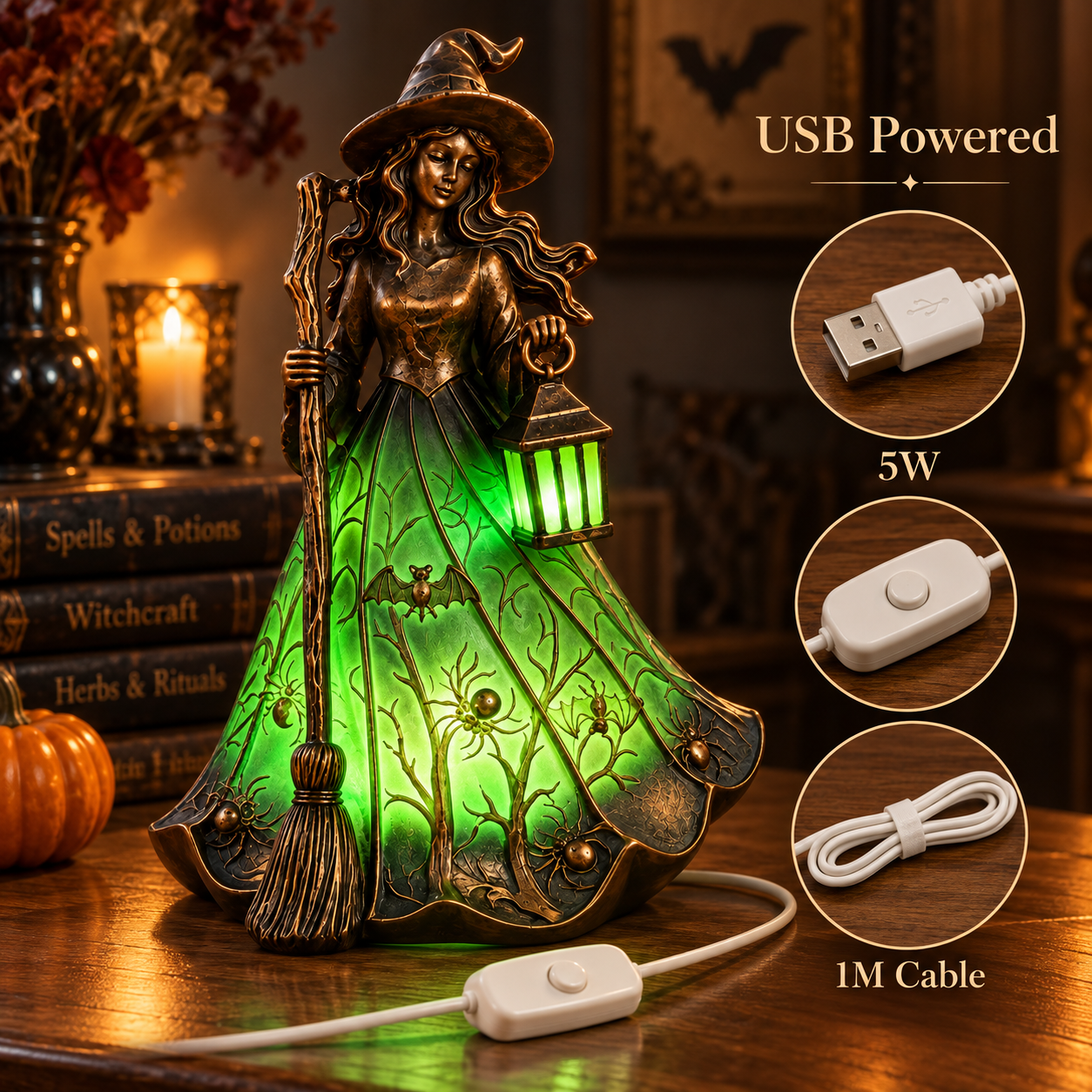 🧙 Antique Bronze Witch Lantern Accent Lamp