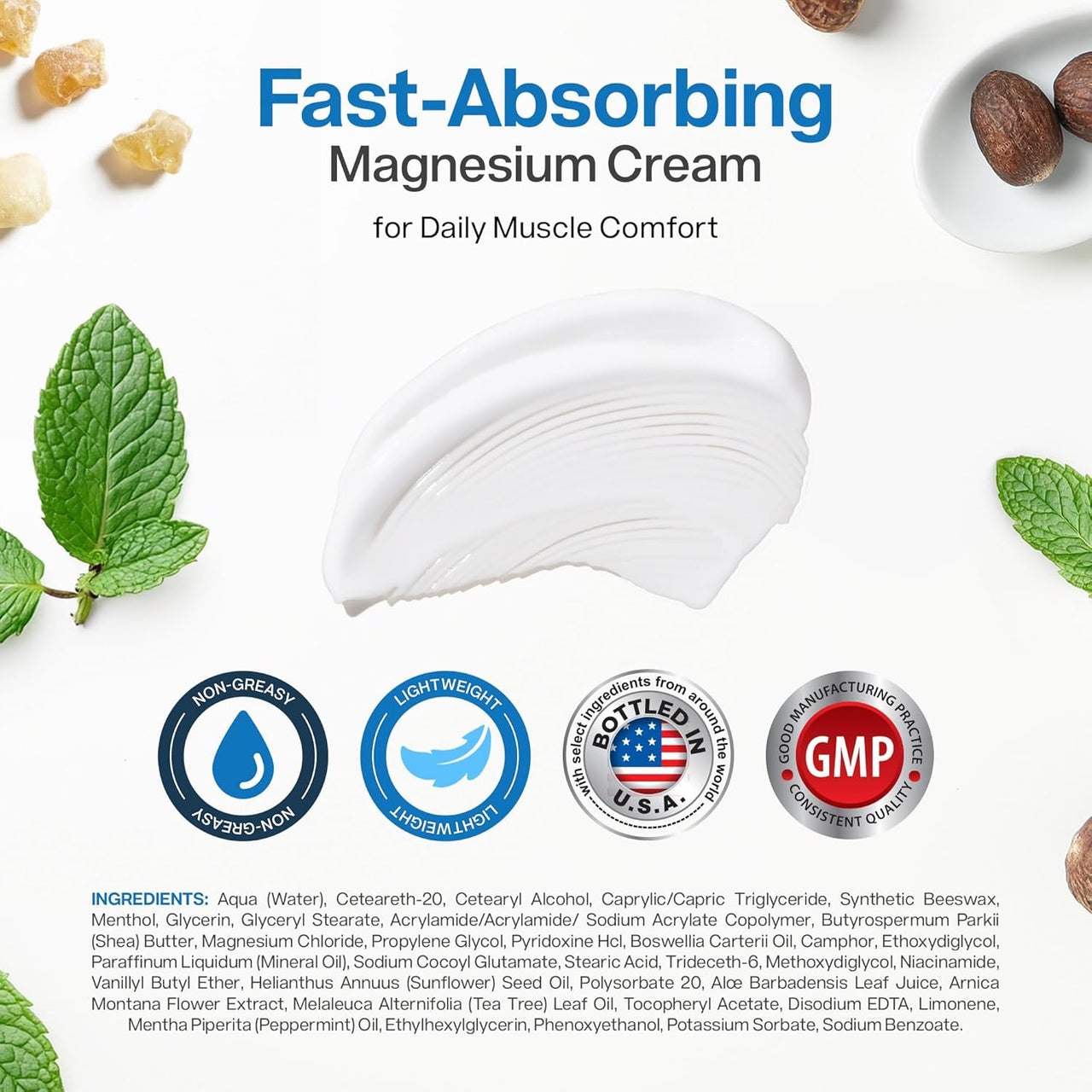 Fast-absorbing magnesium cream texture and ingredient information